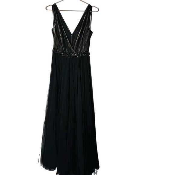 Badgley Mischka Black pleated Tulle Chiffon V-neck Gown size 2 - Picture 4 of 16